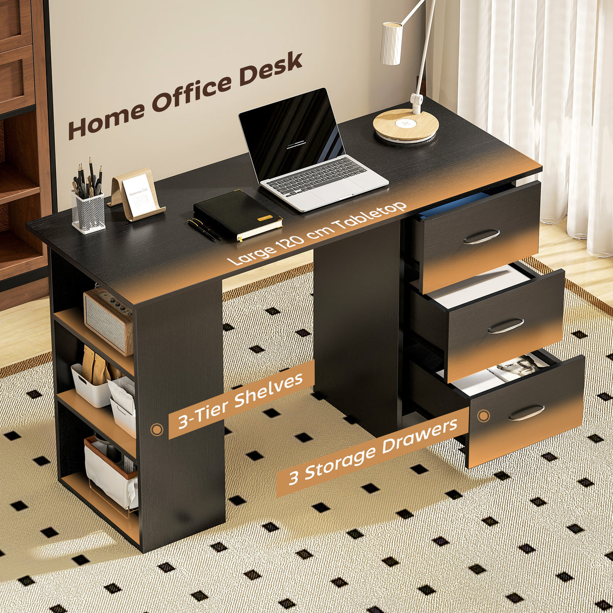 Computer Desk with Drawers, Home Office Desk, Writing Table, PC Workstation with 3 Storage Shelves for Working, Study, 120 x 49 x 72 cm, Black
