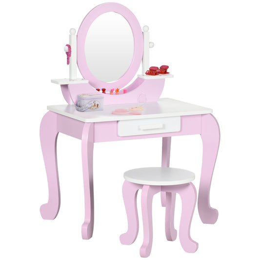 Kids Dressing Table Set, with Mirror, Stool, for Ages 3-6 Years - Pink