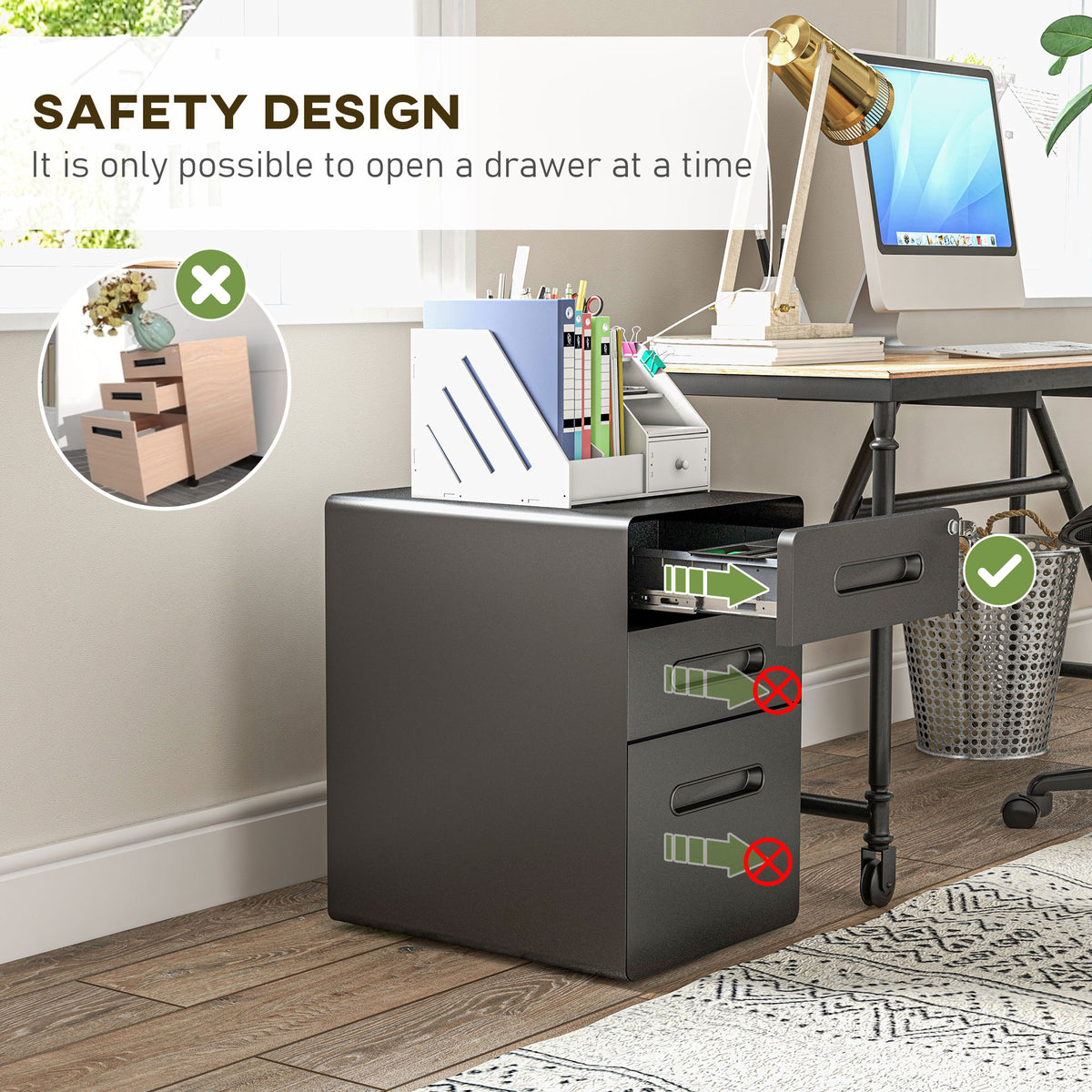 Lockable File Cabinet with 3 Drawers, Vertical Office Drawer for A4, Letter, Legal Size, Anti-tilt Design, Pre-Assembled Body