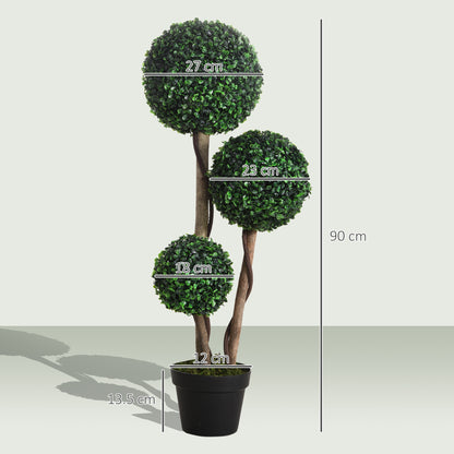 Decorative Artificial Trees Boxwood Ball Topiary Trees in Pot, UV-Cut Fake Plants for Home Indoor Outdoor Decor, 90 cm, Dark Green