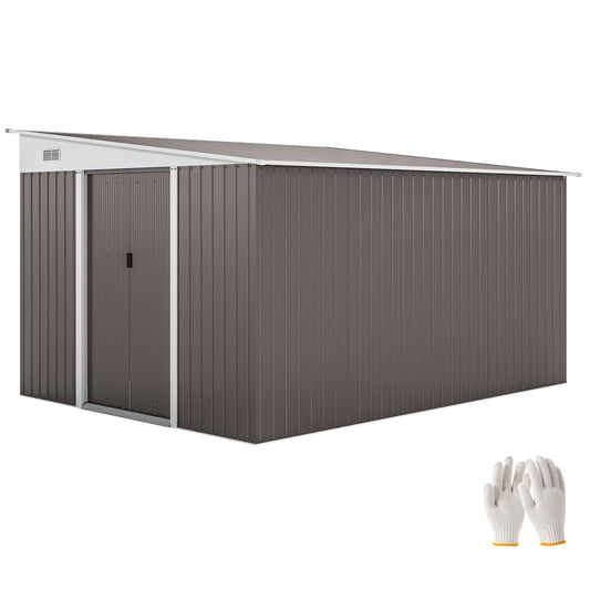 11.3 x 9.2ft Lean to Metal Garden Shed, Waterproof Outdoor Tool & Bike Storage Shed Galvanised with Lockable Double Sliding Doors, Pent Roof and 2 Air Vents, Grey