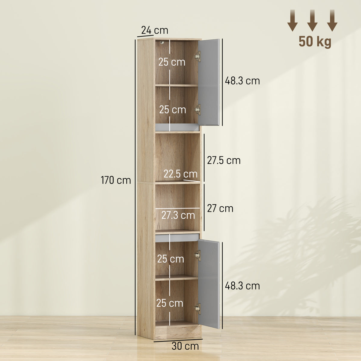 Narrow Bathroom Cabinet, Slim Bathroom Storage Unit with Open Compartment, Freestanding Storage Cupboard with Adjustable Shelves for Small Spaces, 30 x 24 x 170 cm
