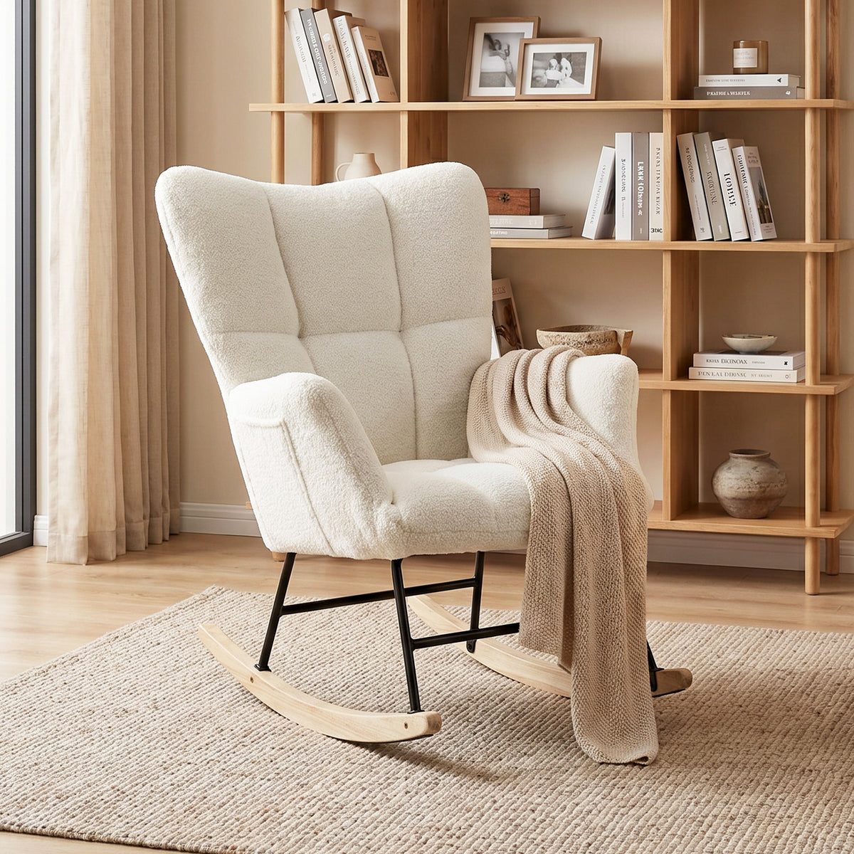 Rocking Chair, Teddy Fleece Rocker Chair with Tufted Wingback, Side Pockets, Rubber Wood Legs