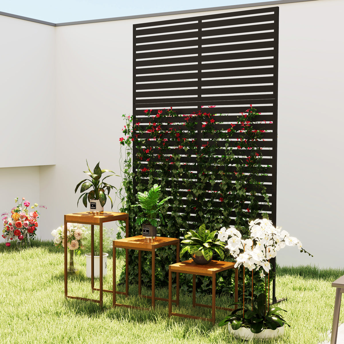 Decorative Privacy Fence Screen, Metal Outdoor Privacy Screen Climbing Plant Trellis with Stand, 122 x 198 cm, Black