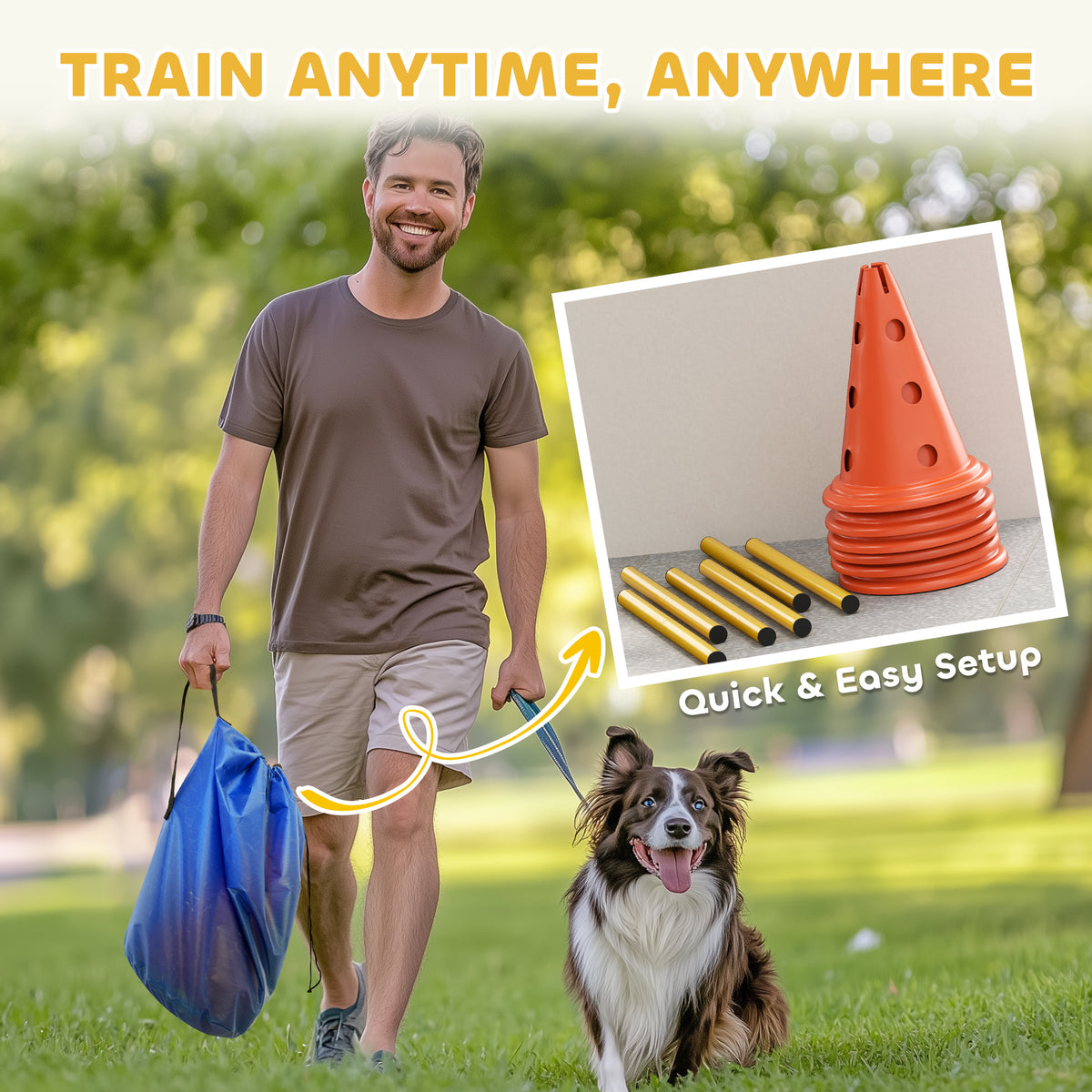 Dog Agility Equipment Set of Six Cones, Six Poles with Carry Bag, Three-Piece Adjustable Height Jumping Obstacles Orange