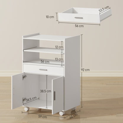 Kitchen Trolley with Wheels, Modern Mobile Microwave Stand with Slide-Out Shelf, Drawer and 2 Doors for Dining Room