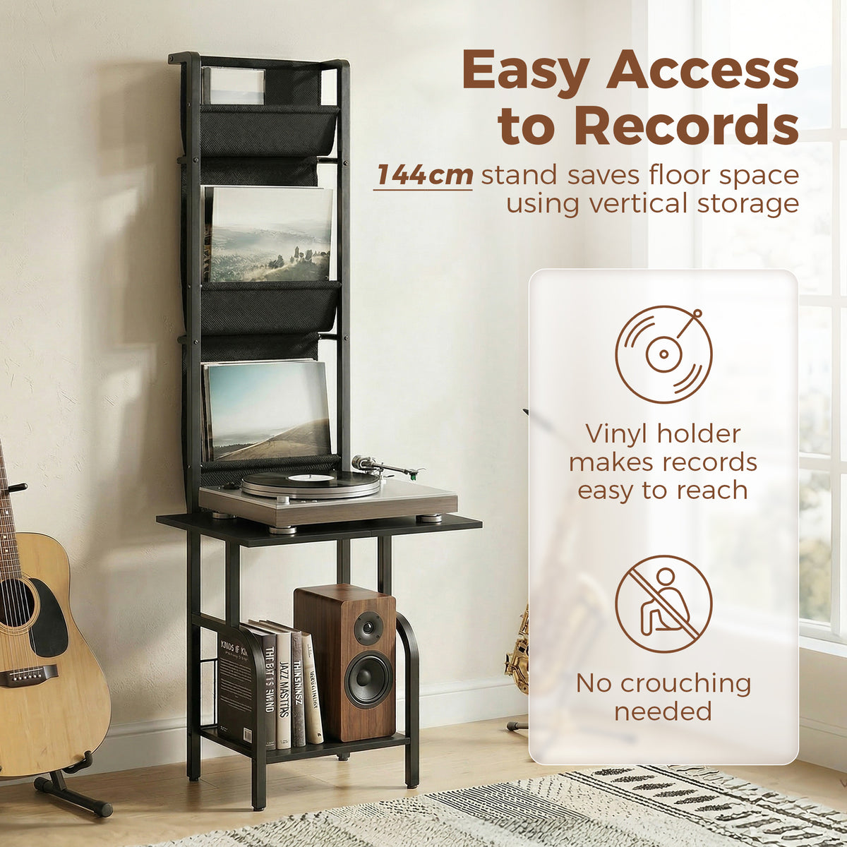 Vinyl Record Player Stand Record Storage with Player Stand Oxford Fabric Pockets Bottom Shelf