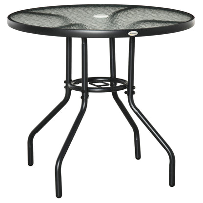 Outdoor φ80cm Round Dining Table Tempered Glass Top Steel Frame Bistro Coffee End Side Table Garden w/ Parasol Hole
