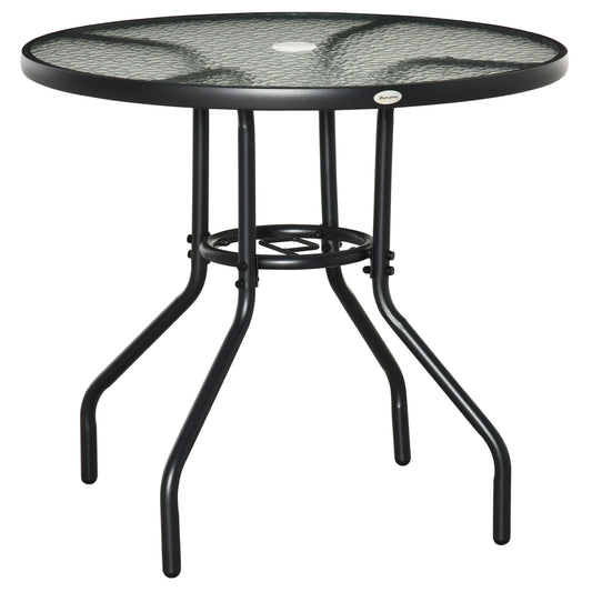 Outdoor φ80cm Round Dining Table Tempered Glass Top Steel Frame Bistro Coffee End Side Table Garden w/ Parasol Hole