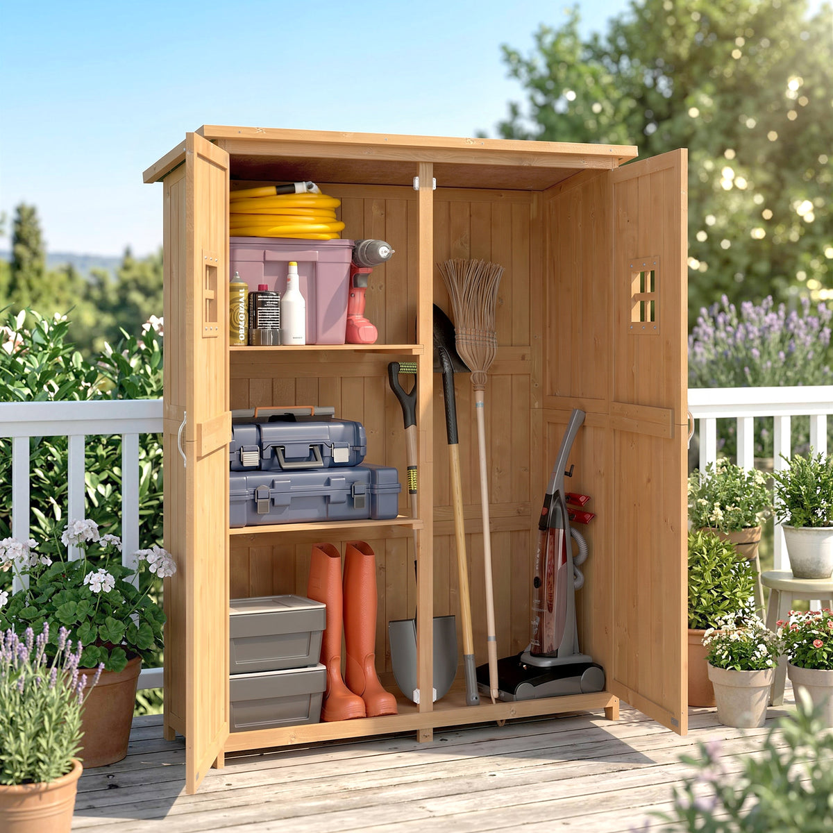 Wooden Garden Shed with Two Windows, Tool Storage Cabinet, Outdoor Double Door Organizer 127.5W x 50D x 164H cm, Natural