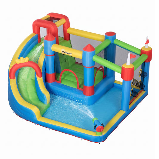 6 in 1 Kids Bouncy Castle, with Water Slide, Water Gun, Climbing Wall, Air Blower for Indoors/Outdoors, 3.9 x 3 x 2m