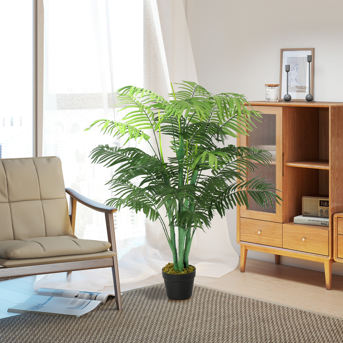 125cm/4FT Artificial Palm Plant Decorative Tree with Nursery Pot, Fake Plastic Indoor Home Office Décor, Green