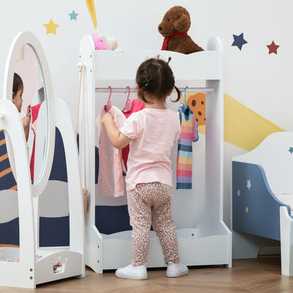 Kids Clothes Rail Wooden Hanging Rack with Storage Shelves Children Garment Freestanding Wardrobe for 3-8 Years Toddler, White