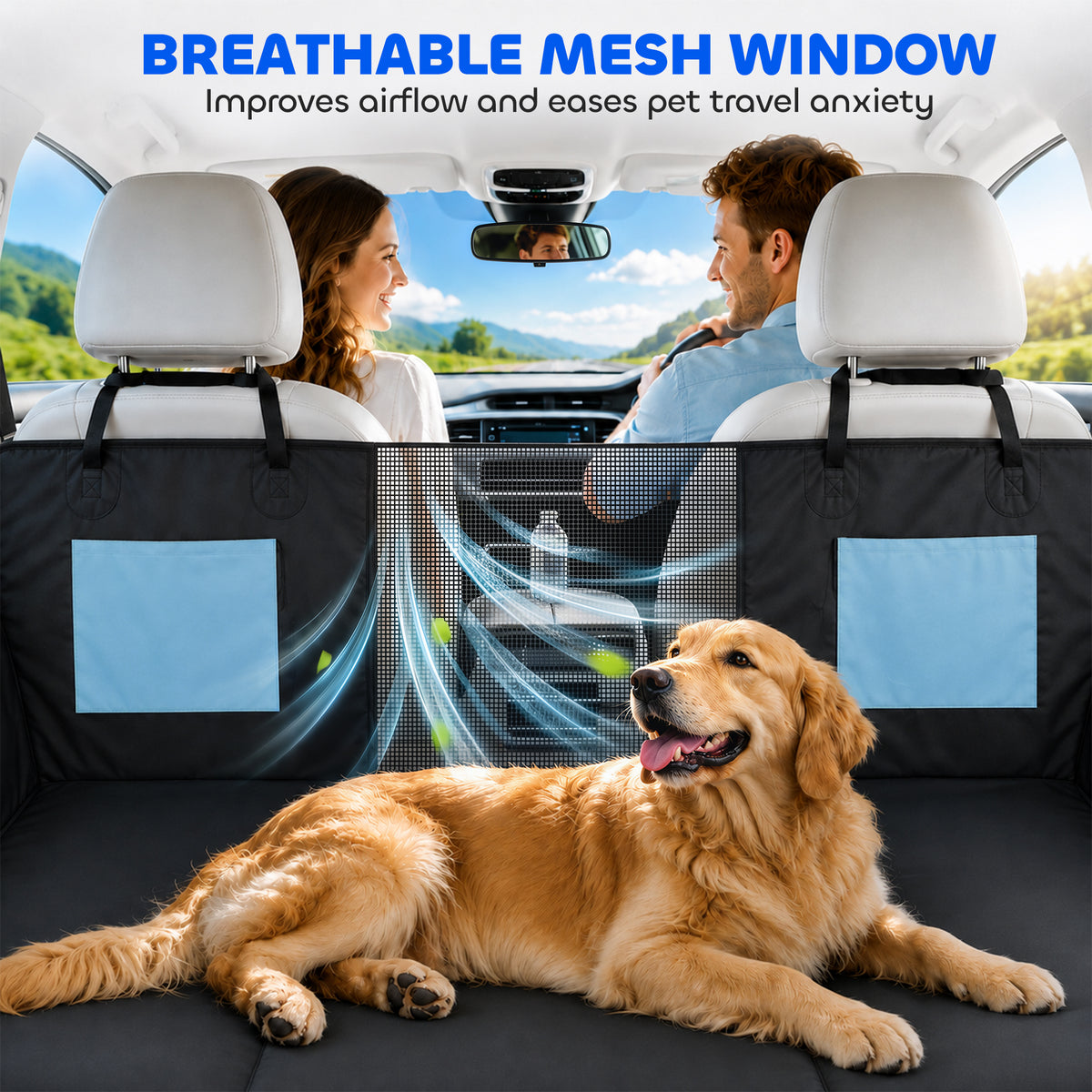 Dog Car Seat Cover, Waterproof Dog Travel Hammock w/ Non-Slip & Anti-Scratch Surface, Mesh Window and Pockets, Blue