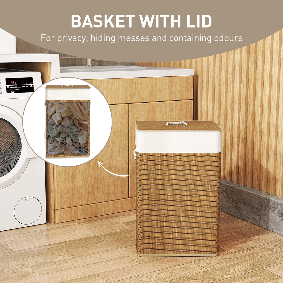 Bamboo Laundry Basket with Lid, 72L Laundry Hamper with Rope Handles, Washing Basket with Removable Washable Liner Bag for Bathroom, Bedroom