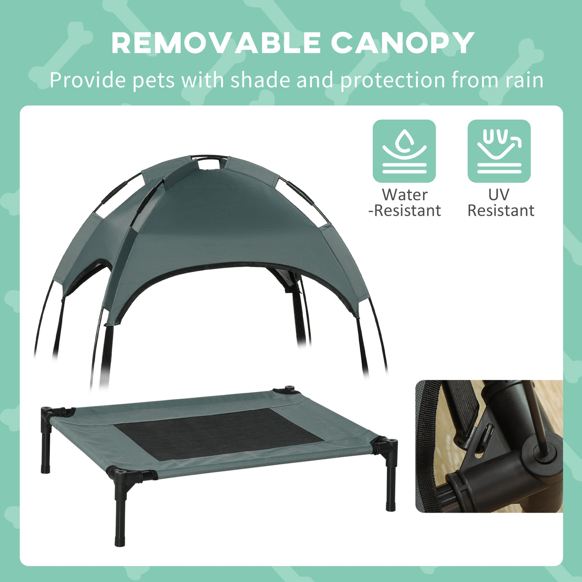 Outdoor Dog Bed with Removable Canopy, Portable Raised Dog Bed for Camping, Garden & Beach, Water-Resistant UV-Protection Mesh Pet Cot Sun Lounger, for Small Pets, 61 x 46 x 62 cm