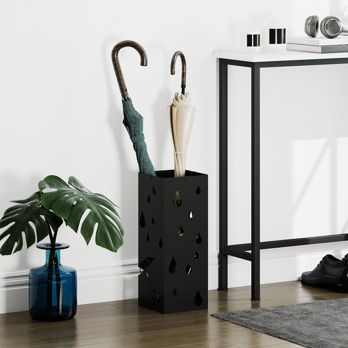 Steel Umbrella Stand, Square Umbrella Holder with 4 Hooks and Removable Drip Tray, Hollowed Umbrella Basket for Hallway