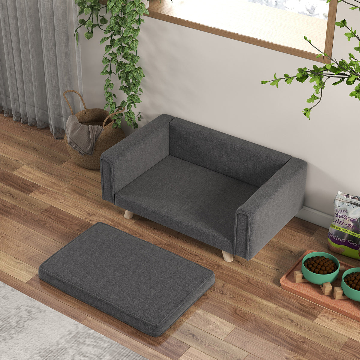 Elevated Dog Sofa Bed, with Cushion, for Medium and Small Dogs, Grey