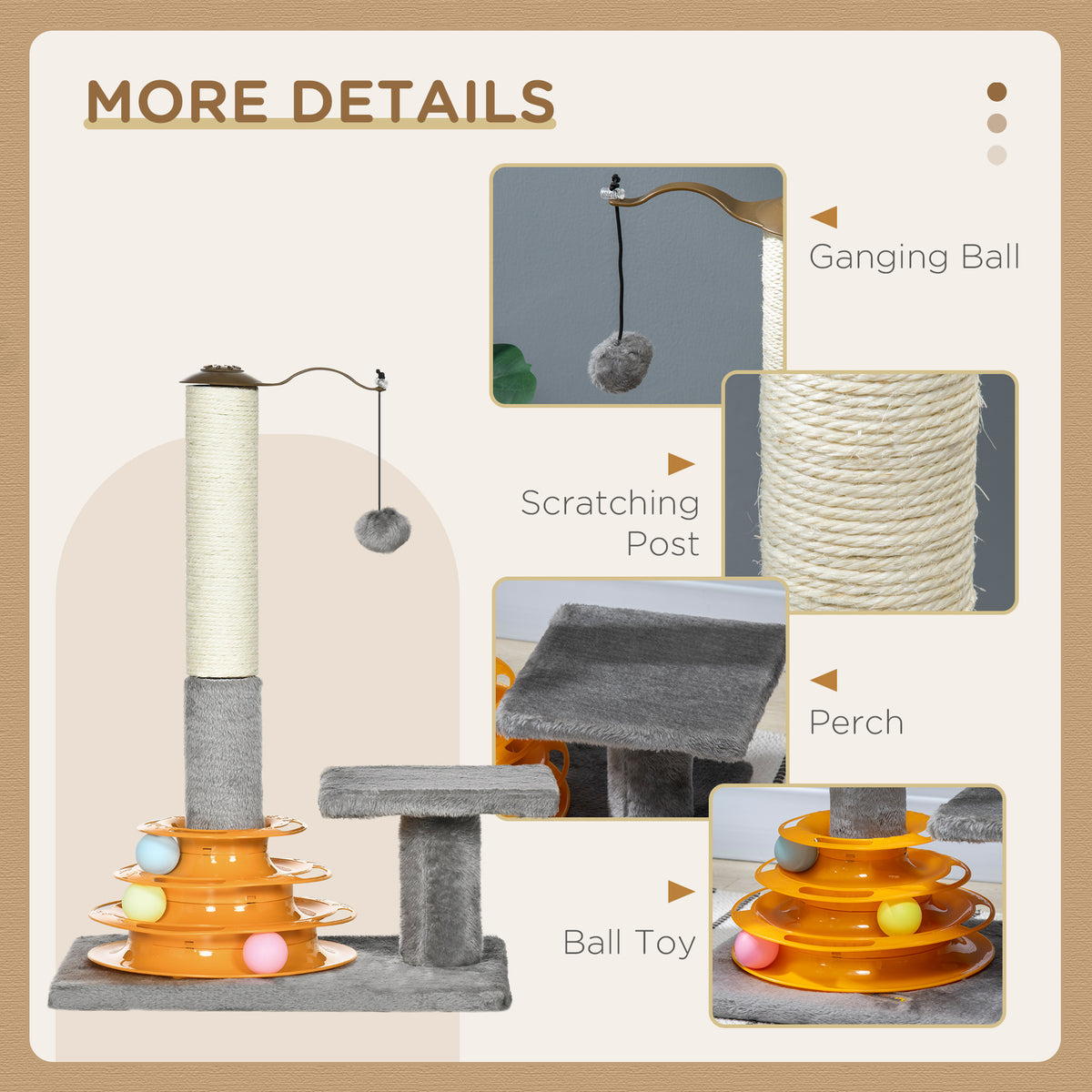 56cm Cat Tree Tower Activity Centre, Climbing Stand Kitten House Furniture w/ Scratching Posts, Toy Ball - Grey