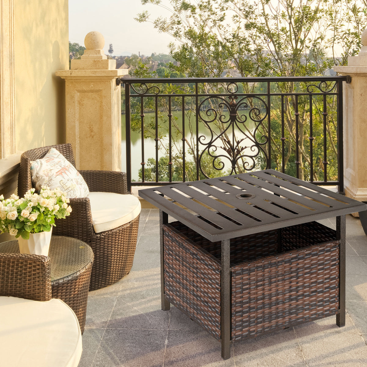 Rattan Garden Coffee Table, 55.5 cm Square Wicker Patio Side Coffee Table with 4 cm Umbrella Hole, Metal Bottom and Slatted Top for Outdoor, Balcony, Brown