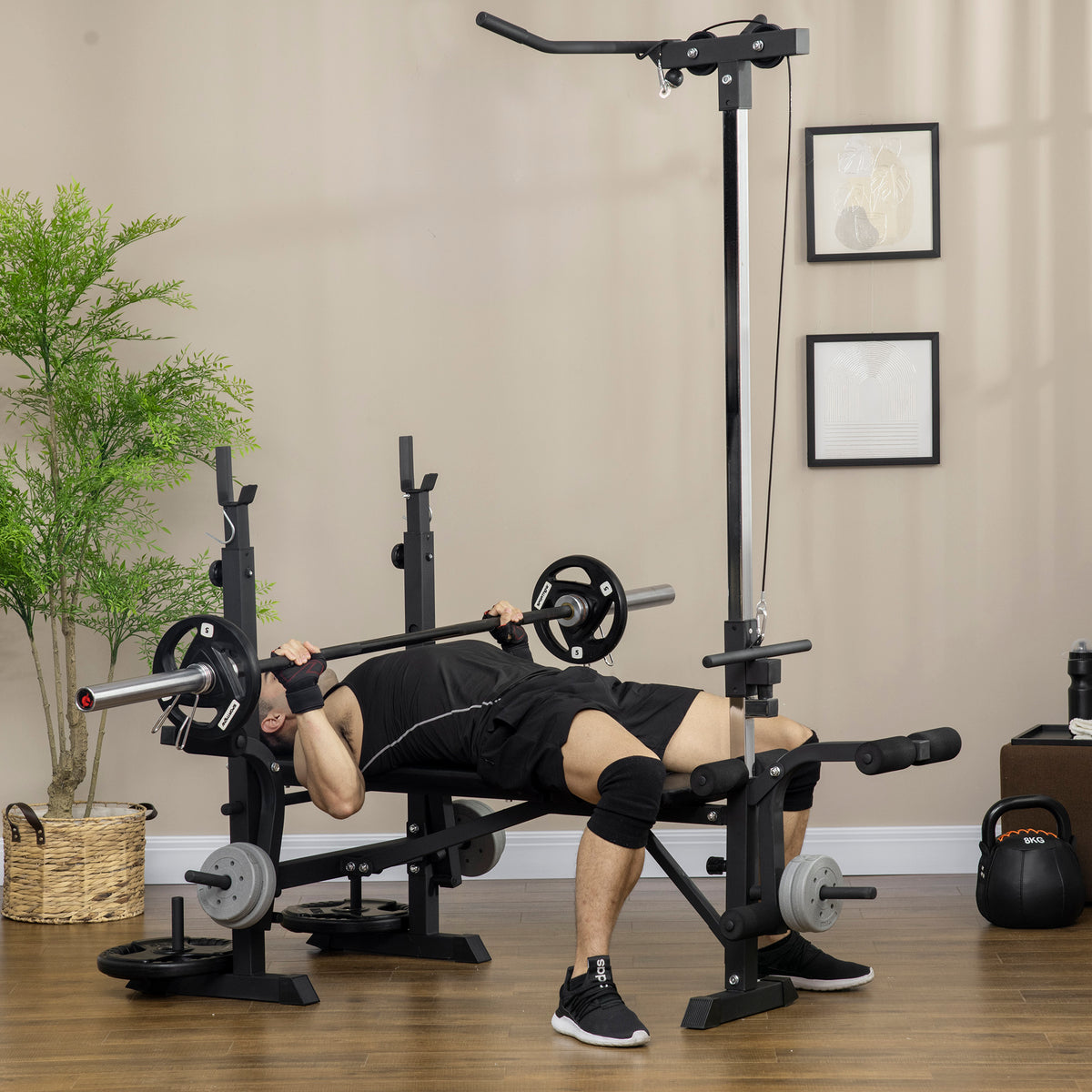 Adjustable Weight Bench with Pulley System, Incline Bench Press Set with Squat Rack, Leg Developer, Butterfly and Weight Storage, for Home Gym Full Body Workout