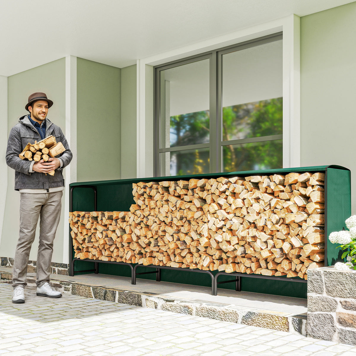 Firewood Rack with Waterproof Cover, Heavy Duty Metal Log Store Indoors, Log Storage Holder for Outdoor Indoor Fireplace, 300 x 36 x 99 cm, Dark Green