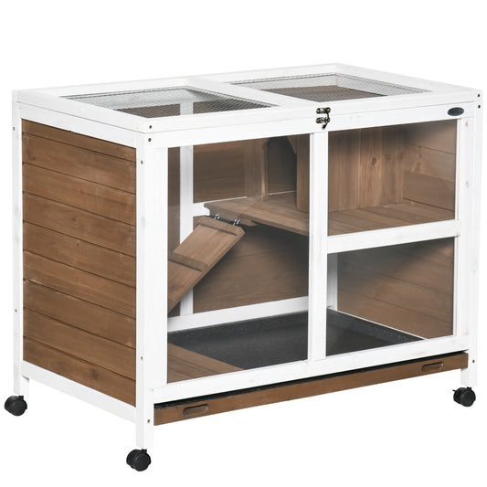 Wooden Rabbit Hutch, Bunny Cage w/ Tray, Ramp, Openable Roof, Wheels, 91.5 x 53.3 x 73cm