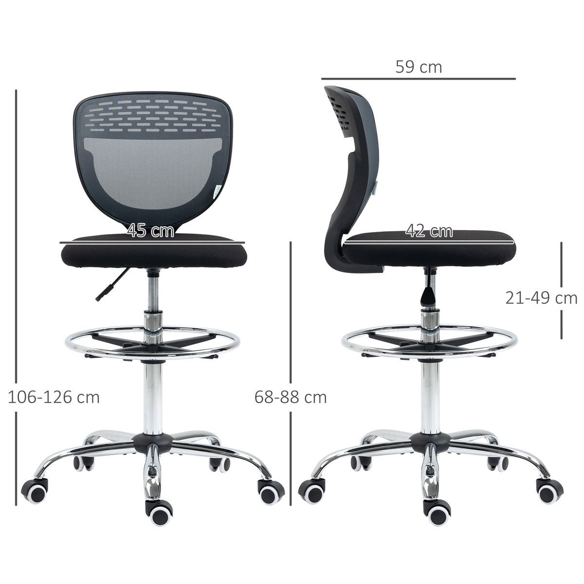 Drafting Chair, Swivel Office Draughtsman Chair, Mesh Standing Desk Chair with Adjustable Foot Ring, Armless, Grey