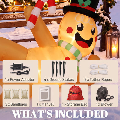 9.8ft Giant Christmas Inflatable Gingerbread Man Side-Lying, Outdoor Blow Up Christmas Decoration with LEDs, Bag