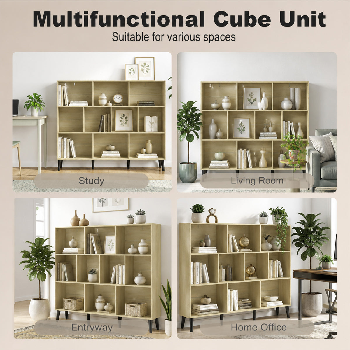 10-Cube Bookcase, 3-Tier Book Shelf with Solid Wood Legs, 140 cm Modern Bookshelf with Anti-Tip Kit