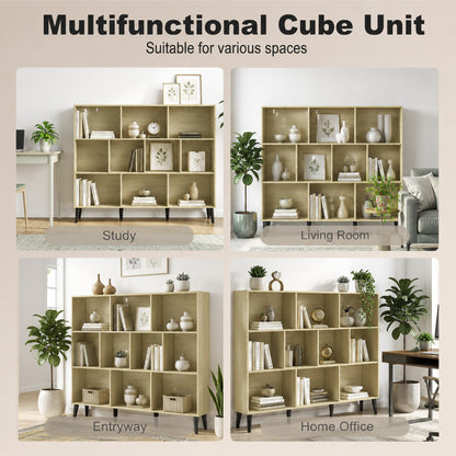 10-Cube Bookcase, 3-Tier Book Shelf with Solid Wood Legs, 140 cm Modern Bookshelf with Anti-Tip Kit