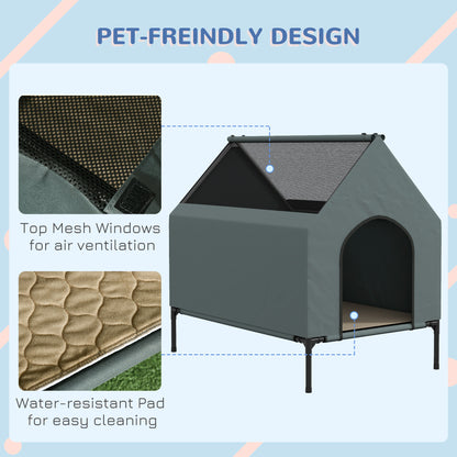 Dog House Outdoor Elevated Dog Bed with Removable Cover, Mesh Windows, Storage Bag, for S and M-Sized Dogs, Grey