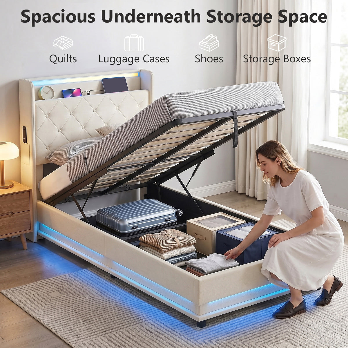 3ft Single Bed Frame with Headboard, Platform Bed Frame with Hydraulic Storage, LED Lights and Charging Station, White