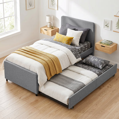 3ft Single Bed Frame with Trundle, Upholstered Pull Out Trundle Bed with Headboard and Footboard