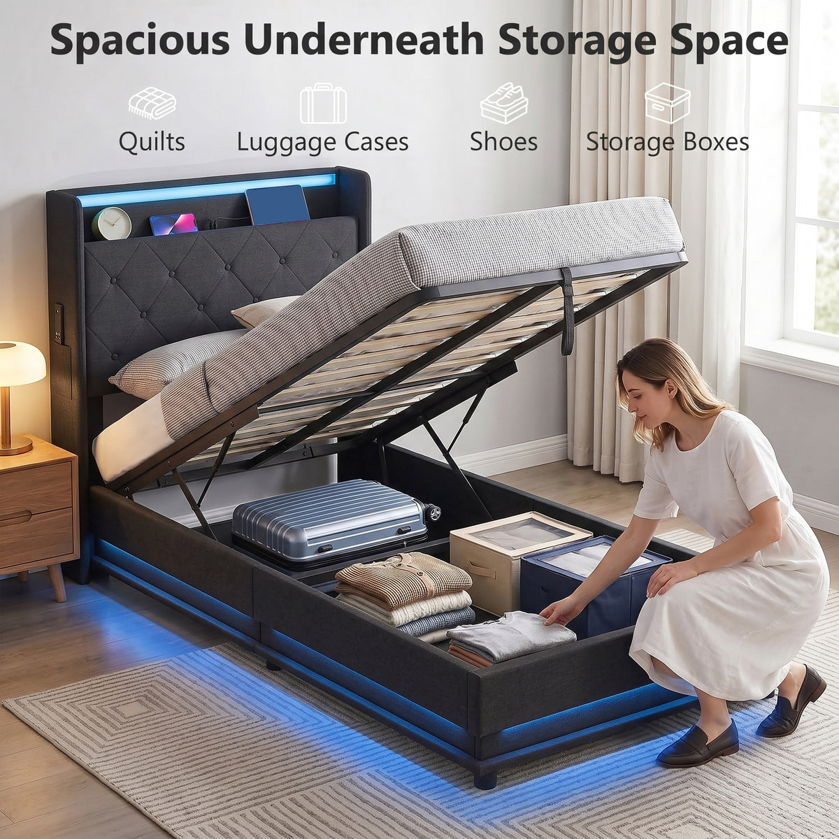 3ft Single Bed Frame with Headboard, Platform Bed Frame with Hydraulic Storage, LED Lights and Charging Station, Black