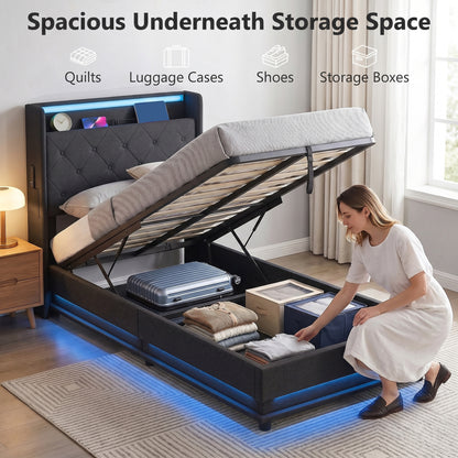 3ft Single Bed Frame with Headboard, Platform Bed Frame with Hydraulic Storage, LED Lights and Charging Station, Black