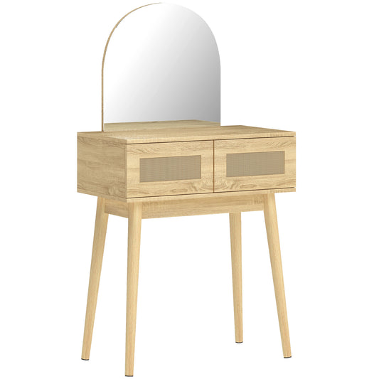 Dressing Table, Compact Vanity Desk with Mirror and 2 Drawers, Natural Wood Finish