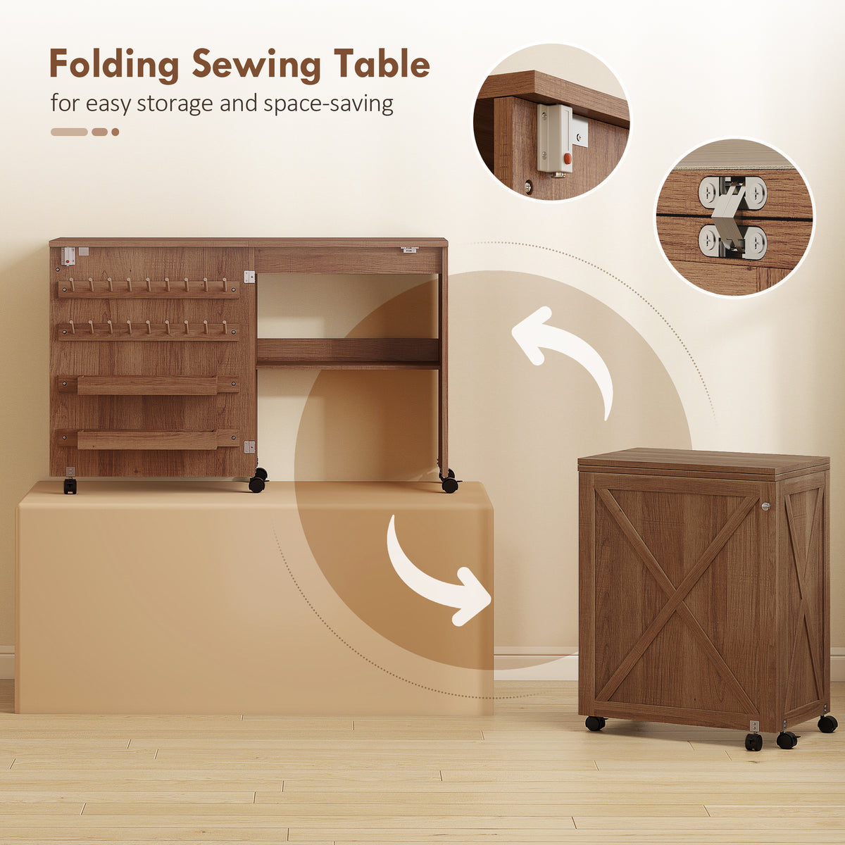 Folding Sewing Table, Rolling Craft Table with Storage compartments, Shelf and Lockable Casters for Small Spaces