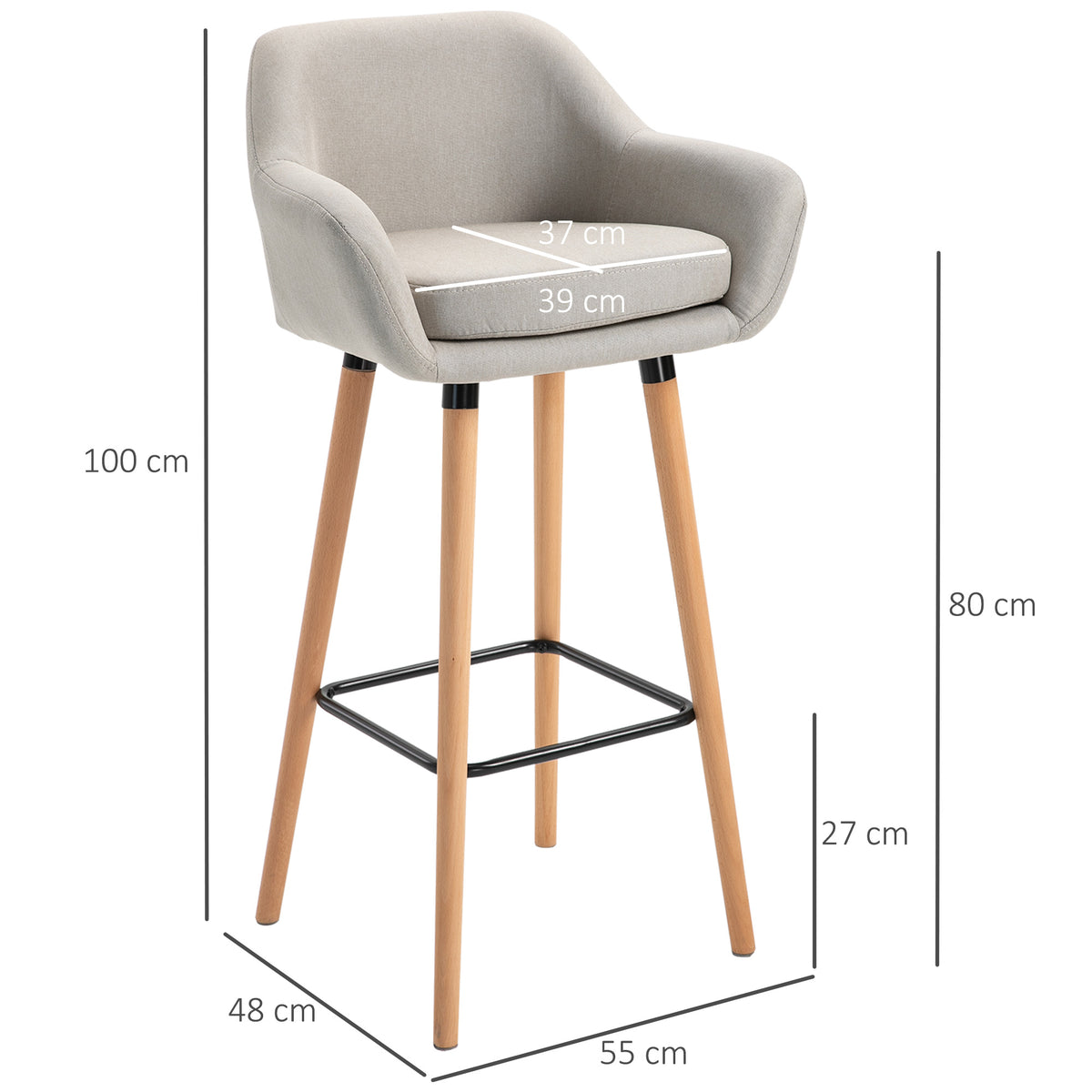 Set of 2 Bar Stools Modern Upholstered Seat Bar Chairs with Metal Frame, Solid Wood Legs Living Room Dining Room Fabric Furniture - Beige
