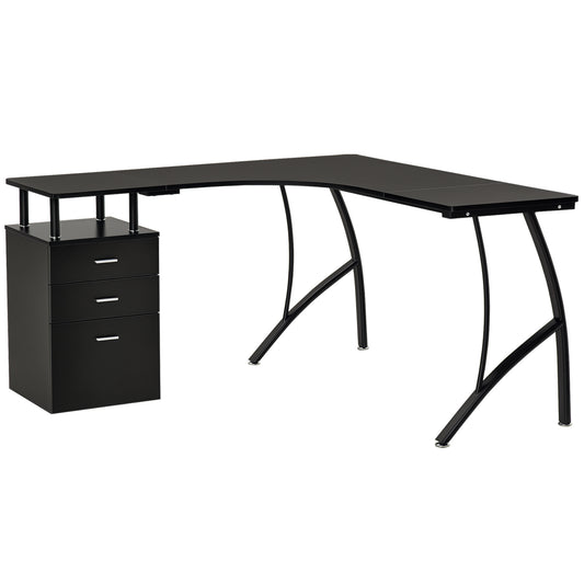 L-Shaped Computer Desk Table with Storage Drawer, Home Office Desk Corner Industrial Style Workstation for A4 Files 143.5 x 143.5 x 76cm, Black