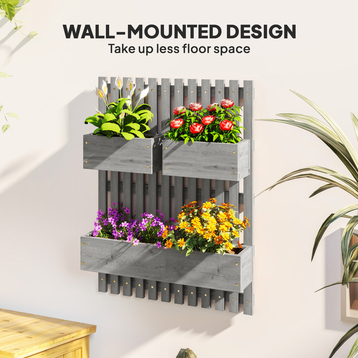 Wall-mounted Wooden Garden Planters with Trellis, Drainage Holes and 3 Planter Boxes for Patio