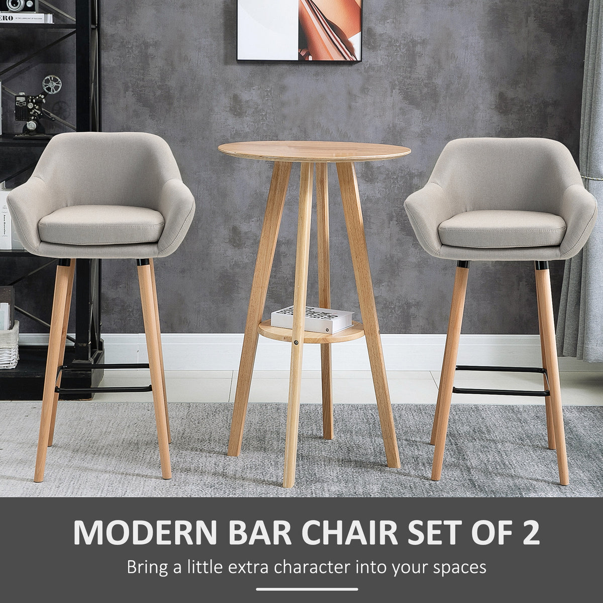 Set of 2 Bar Stools Modern Upholstered Seat Bar Chairs with Metal Frame, Solid Wood Legs Living Room Dining Room Fabric Furniture - Beige