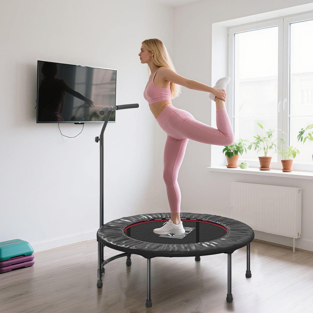 40" Fitness Trampoline with Adjustable Handle, Rebounder Trampoline, Mini Jumper for Indoor Exercise Workout
