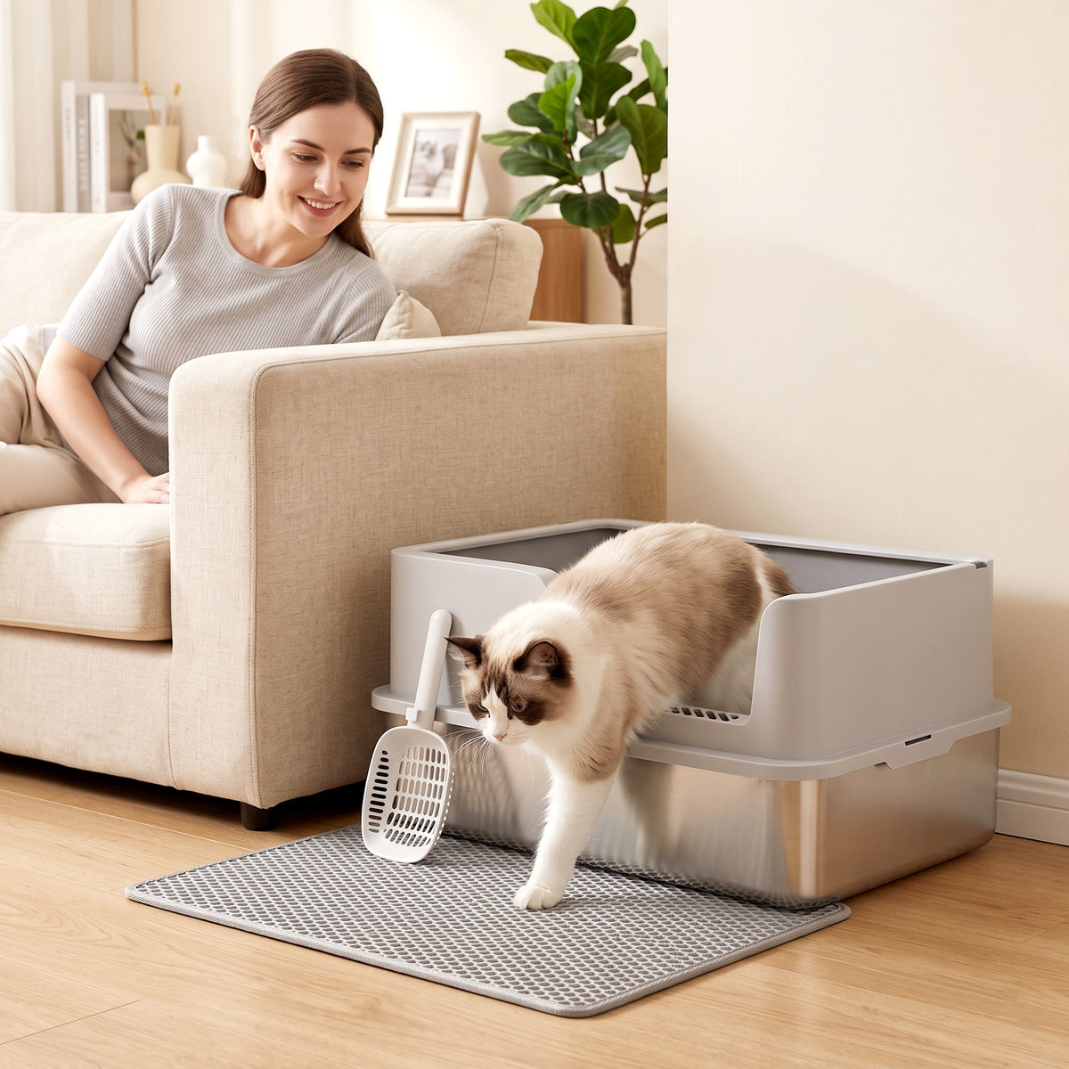 XL Stainless Steel Cat Litter Tray with Lid, High Sided Cat Litter Box with Scoop and Mat, Light Grey