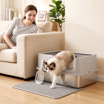 XL Stainless Steel Cat Litter Tray with Lid, High Sided Cat Litter Box with Scoop and Mat, Light Grey