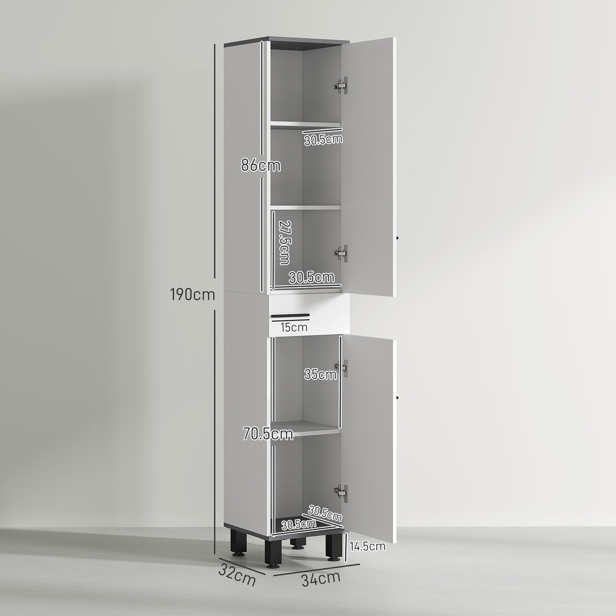 190cm Slim Bathroom Storage Cabinet - White
