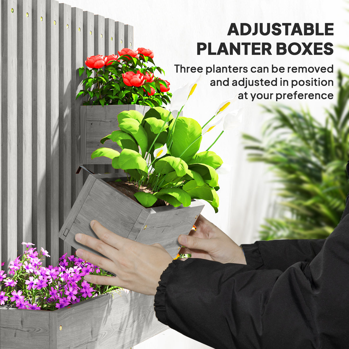 Wall-mounted Wooden Garden Planters with Trellis, Drainage Holes and 3 Planter Boxes for Patio