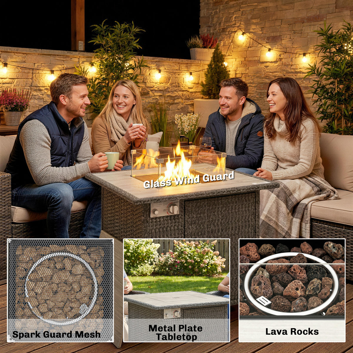 14.5 KW Rattan Gas Fire Pit Dining Table with Rain Cover, Wind Guard, Lid, Lava Rocks