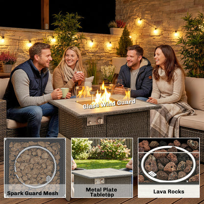 14.5 KW Rattan Gas Fire Pit Dining Table with Rain Cover, Wind Guard, Lid, Lava Rocks