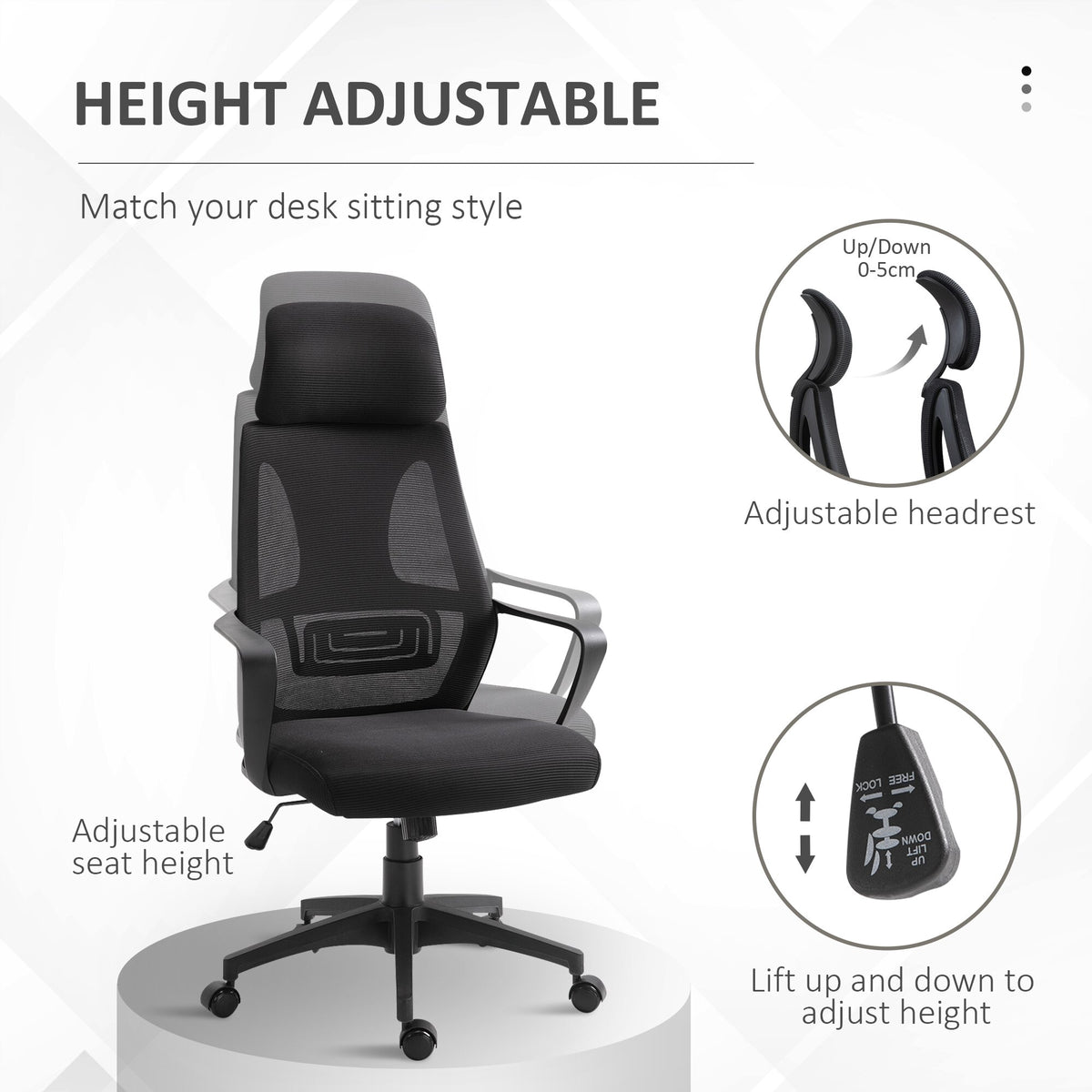 Ergonomic Office Chair, High Back Computer Chair, Mesh Desk Chair with Lumbar Support, Headrest, Wheel, Adjustable Height, Black